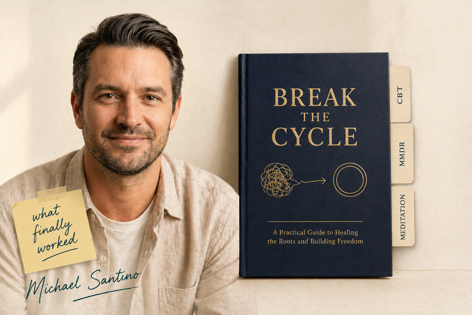 Michael Santino with Break the Cycle book — featuring CBT, EMDR, and Meditation methods